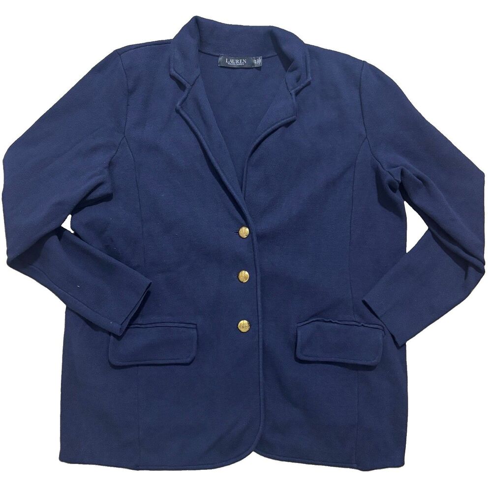 Lauren Ralph Lauren Knit Sweater Blazer Women’s 1X Navy Blue Gold Crest Buttons